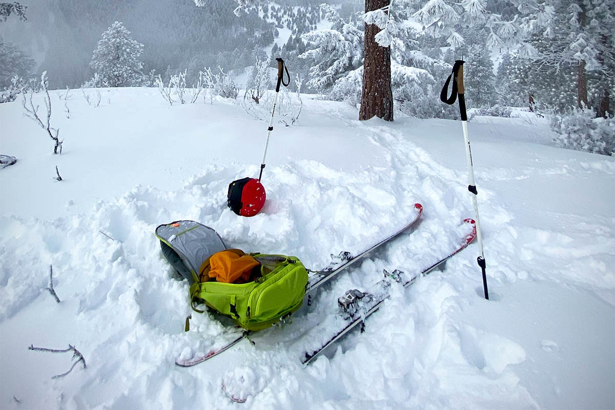 Ski Backpack (Deuter Freerider Pro 34%2B set down in snow)